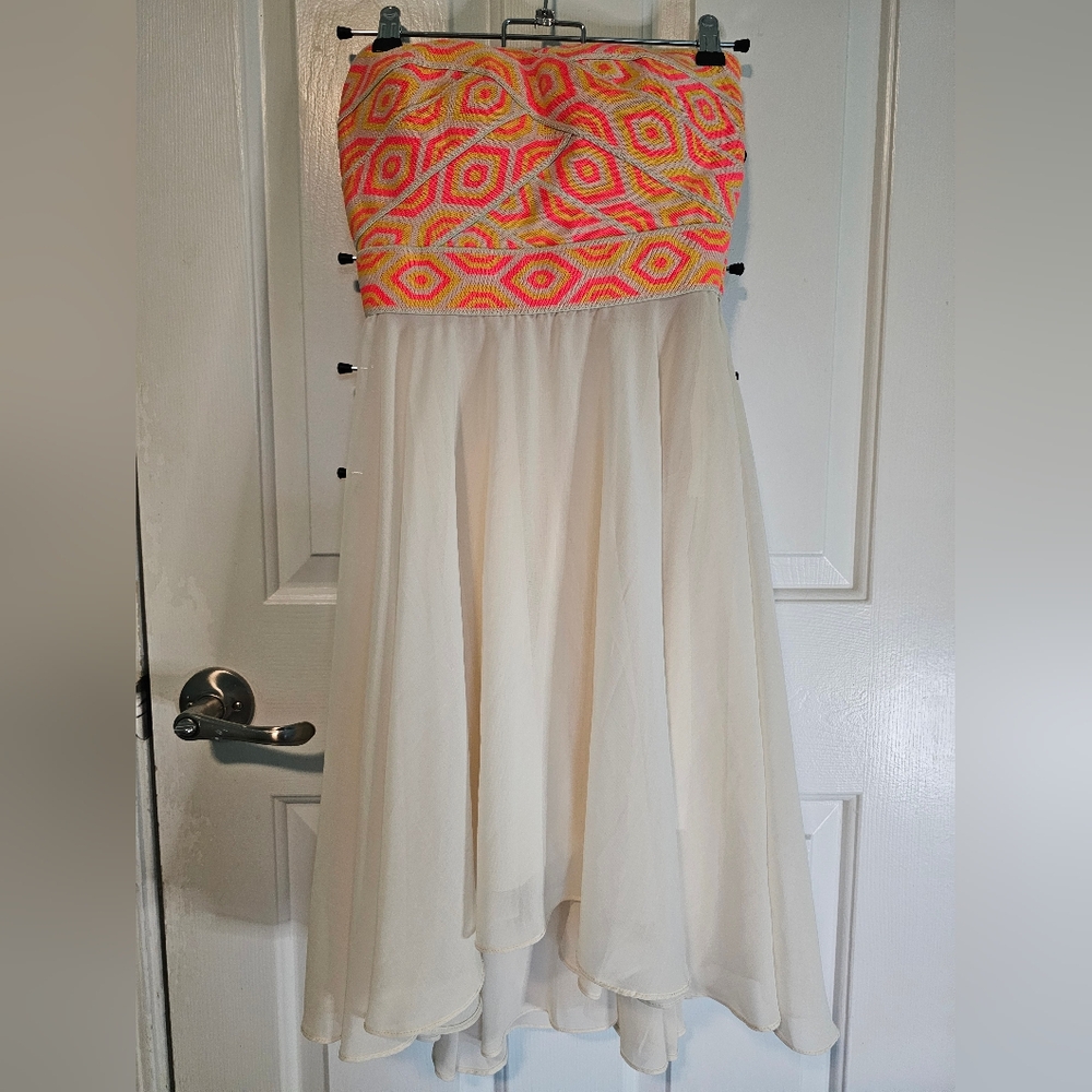 WOW Couture Neon Geometric Strapless Dress with Cream Skirt Women's Sz S